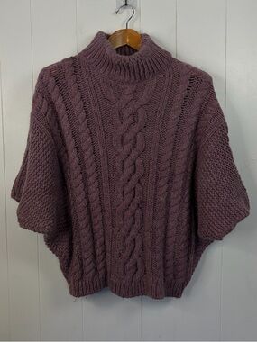 Elsamanda Italian Alpaca Wool Cable Knit Poncho Sweater Mock Neck Purple Medium